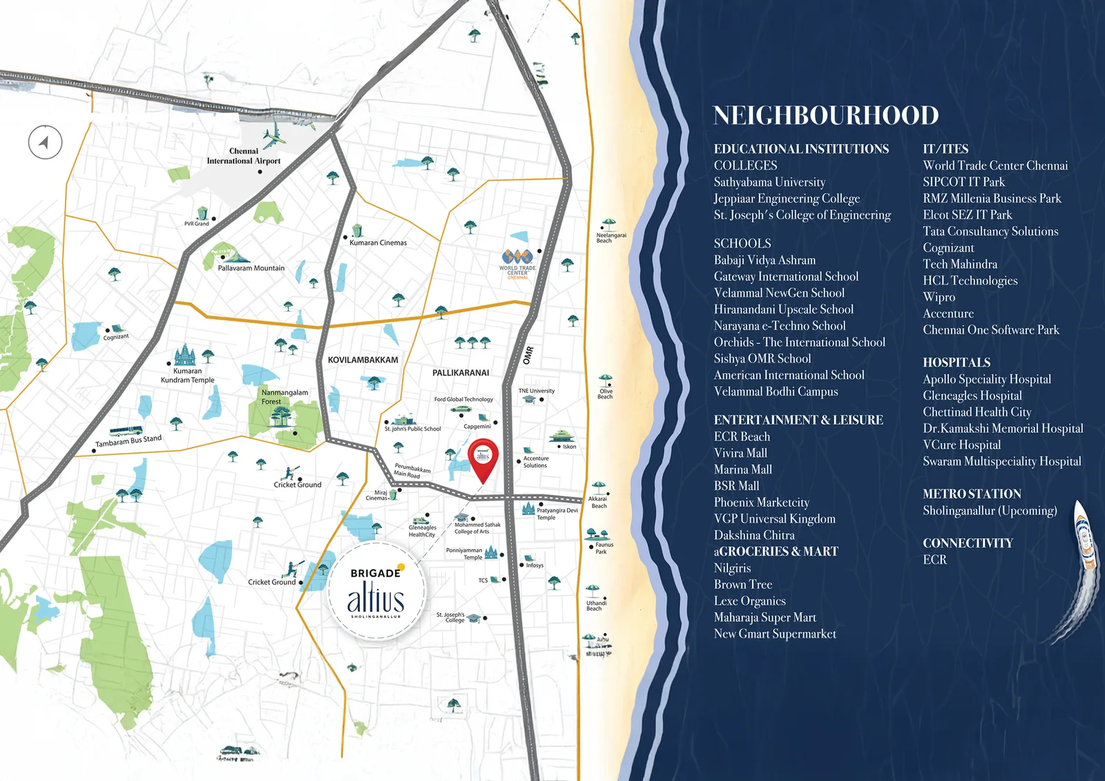 Neighbourhood map for Brigade Altius on OMR in Sholinganallur, showing colleges, schools, IT parks, hospitals, malls, ECR and the upcoming Sholinganallur metro station