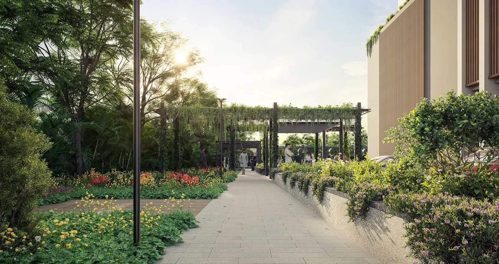 Pedestrian loop and landscaping at Brigade Altius in Sholinganallur
