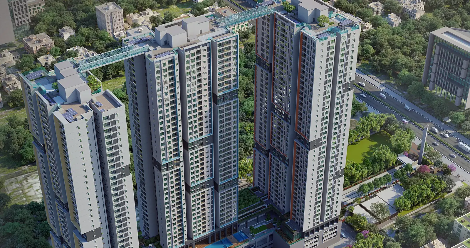 Aerial view of Brigade Altius, three 43-storey towers in Sholinganallur on OMR, Chennai